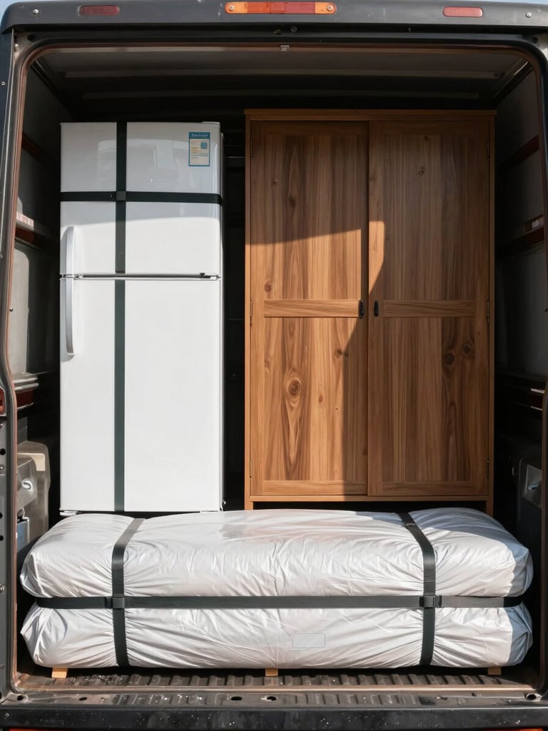 Close-up overhead shot of a truck cargo bed packed methodically — furniture wrapped in moving blankets, straps securing a refrigerator and wardrobe, natural daylight from the loading bay entrance casting sharp lines across the organized load