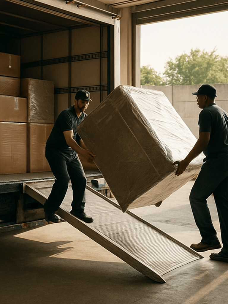 Wide documentary shot from the left edge of a loading bay — a large moving truck's open rear doors dominating the left frame, two workers hoisting a wrapped piece of furniture up the ramp, natural morning daylight flooding in from the right, concrete floor, organized stacks of secured cargo visible inside the truck