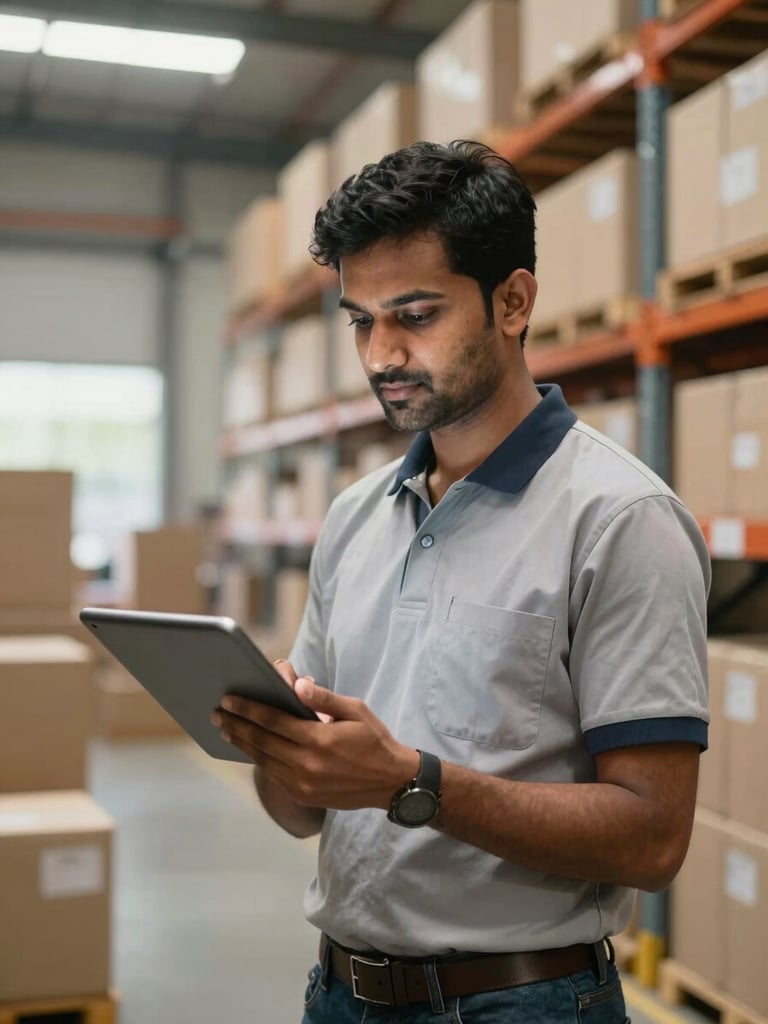 A focused Indian logistics worker in a bright, modern warehouse, holding a digital tablet, natural daylight, medium environmental shot.