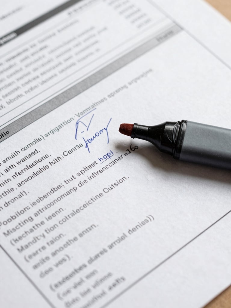 Overhead close-up of a printed financial report with handwritten annotations and margin notes, a highlighter resting across the page, natural north-facing daylight, crisp and precise framing