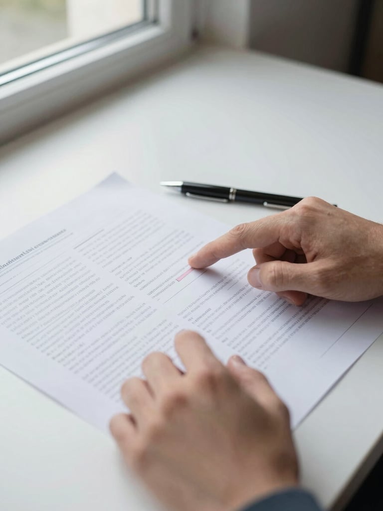 Close-up of hands pointing at a dense printed financial analysis report spread on a clean desk, pen resting beside annotated paragraphs, soft north-facing daylight from a side window, no faces visible, precise documentary framing