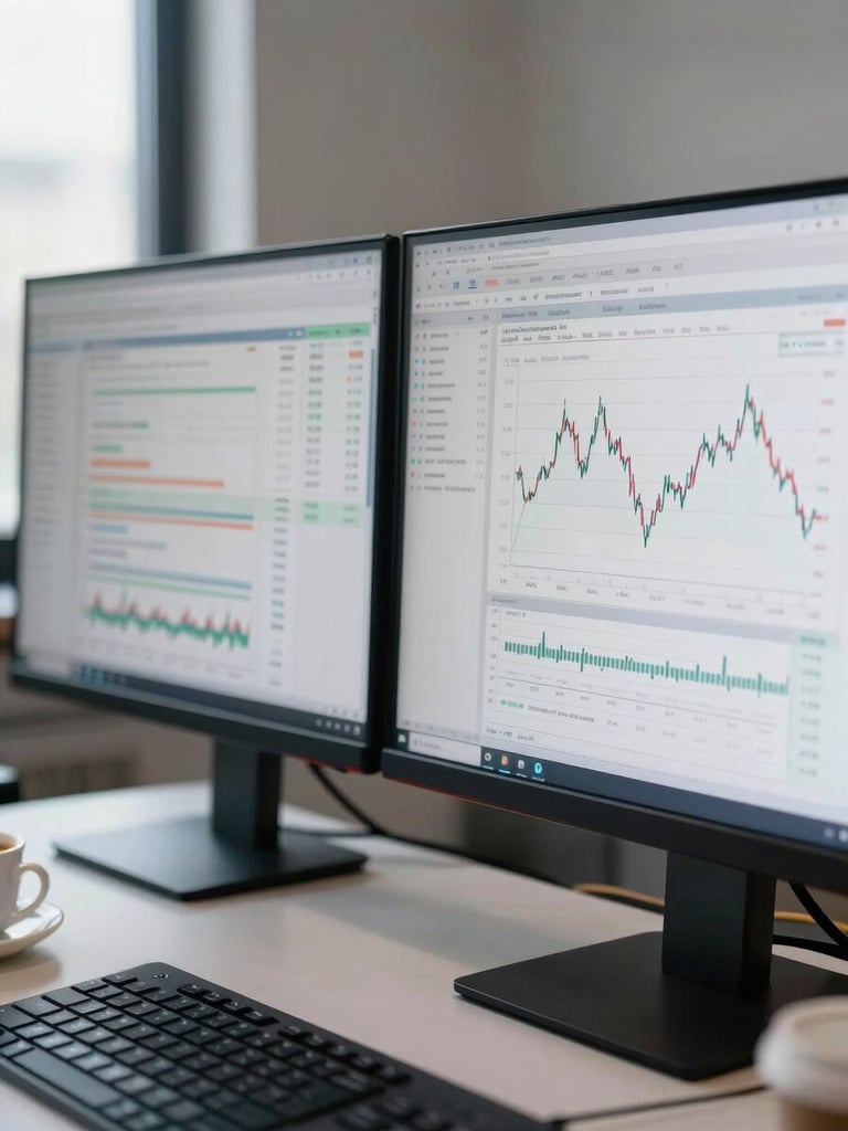 Close-up of dual monitors on a clean desk showing dense financial data tables and a line-chart model, soft natural daylight from the left, a coffee cup partially visible at frame edge, no people, analytical workspace atmosphere
