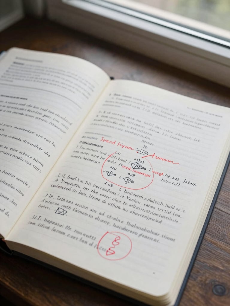 Overhead close-up of an analyst's desk: open notebook with handwritten quantitative annotations, a printed portfolio report with red pen marks circling anomaly clusters, soft natural daylight from a north-facing window, sharp focus on the marked figures, no people visible