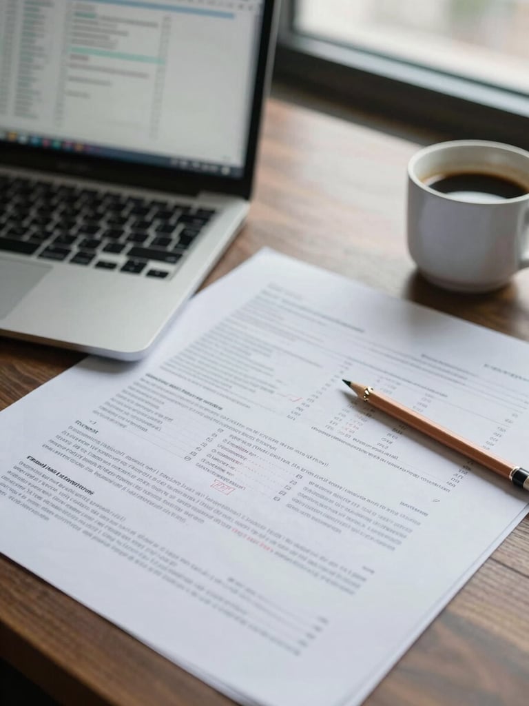 Overhead close-up of an analyst's desk — printed financial reports annotated in pencil, a laptop screen showing data models in the upper-left corner, a ceramic coffee cup to the right, north-facing natural daylight from an office window casting soft even light across the papers, no people visible