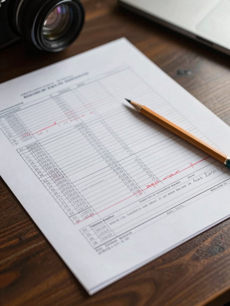 Close-up overhead shot of a printed financial report with handwritten annotations in pencil, red-underlined figures visible on white paper, placed on a dark wood desk surface, north-facing office daylight, no people