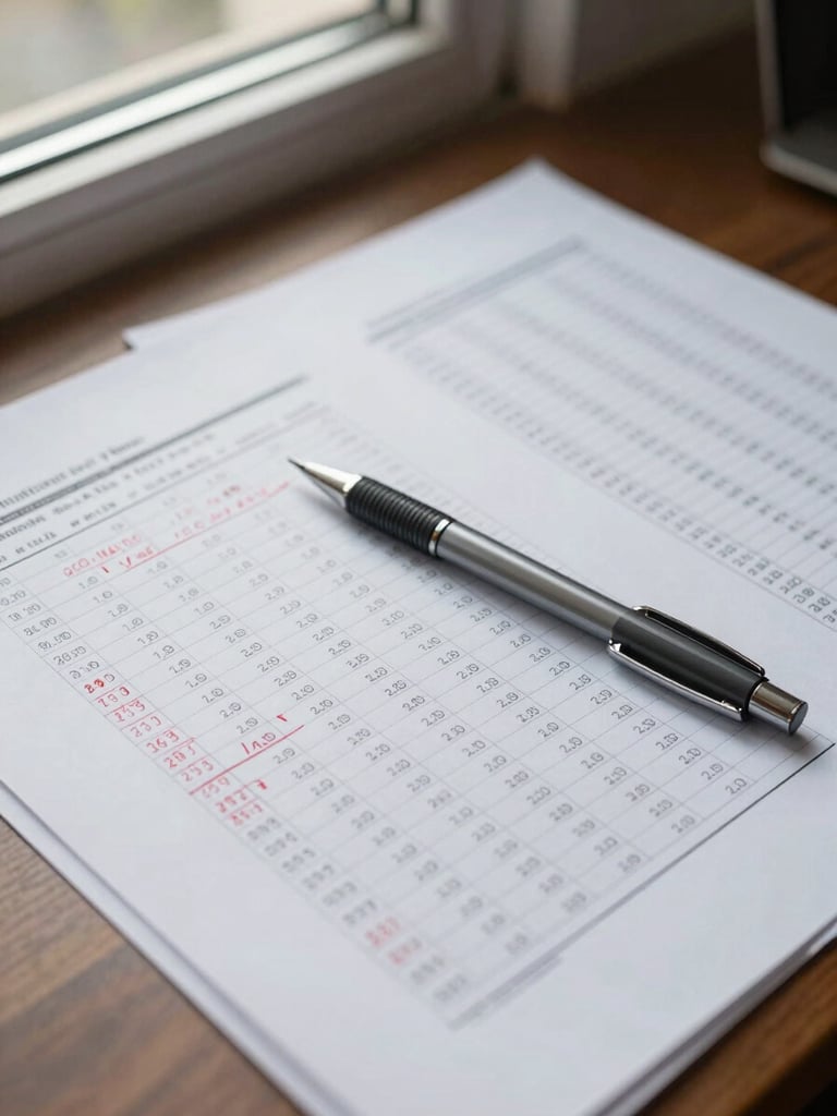 Overhead close-up of a well-lit analyst's desk: printed financial reports with handwritten margin annotations in red pen, a mechanical pencil resting across a column of figures, natural north-facing window light, no people, sharp focus on the annotated numbers