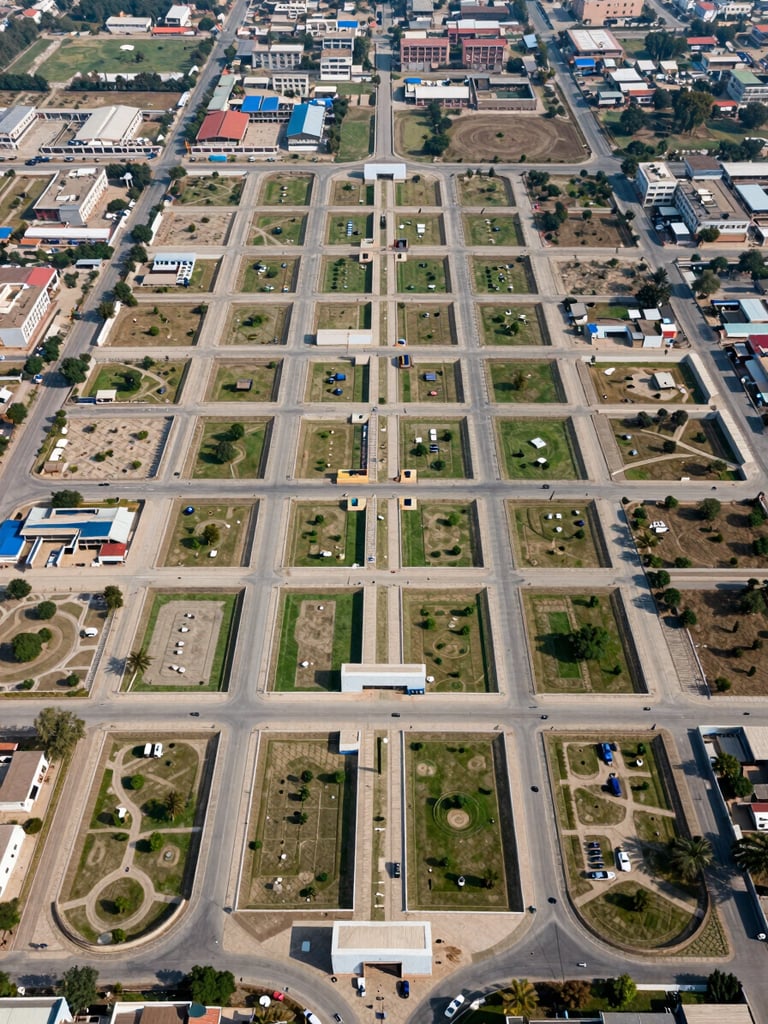 Aerial overhead view of WAPDA Town Taru Jabba showing the organized grid layout of plotted streets, completed boundary walls, utility infrastructure and open parks, clear daytime light, wide environmental shot emphasising the planned structure of the development