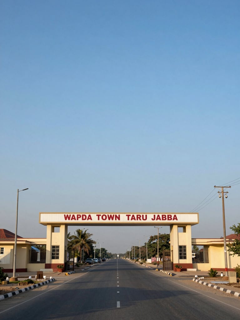 Wide panoramic view of WAPDA Town Taru Jabba main entrance gate and signage, straight paved road leading inward under clear blue sky, utility poles flanking both sides, late-morning daylight, framed to fill the right half of the composition with generous sky above