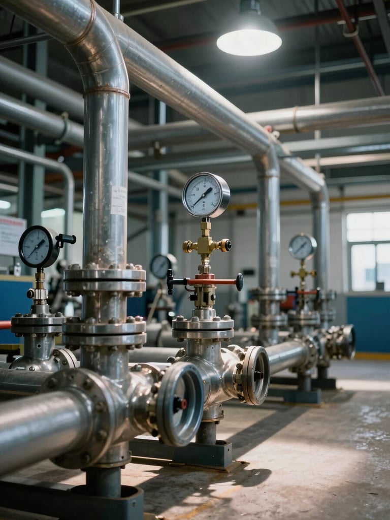 Wide shot of an industrial facility interior at ground level, steel pipe manifold and control valves in sharp foreground detail, natural overhead industrial lighting casting hard shadows on metal surfaces, depth of field pulling focus to a pressure gauge mid-frame