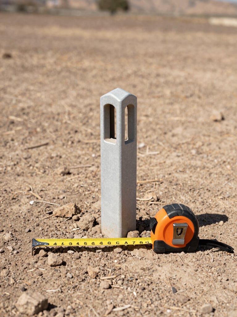 Close architectural detail of a land survey boundary marker set in dry Turkish soil, tape measure extended beside it, natural daylight, no people in frame