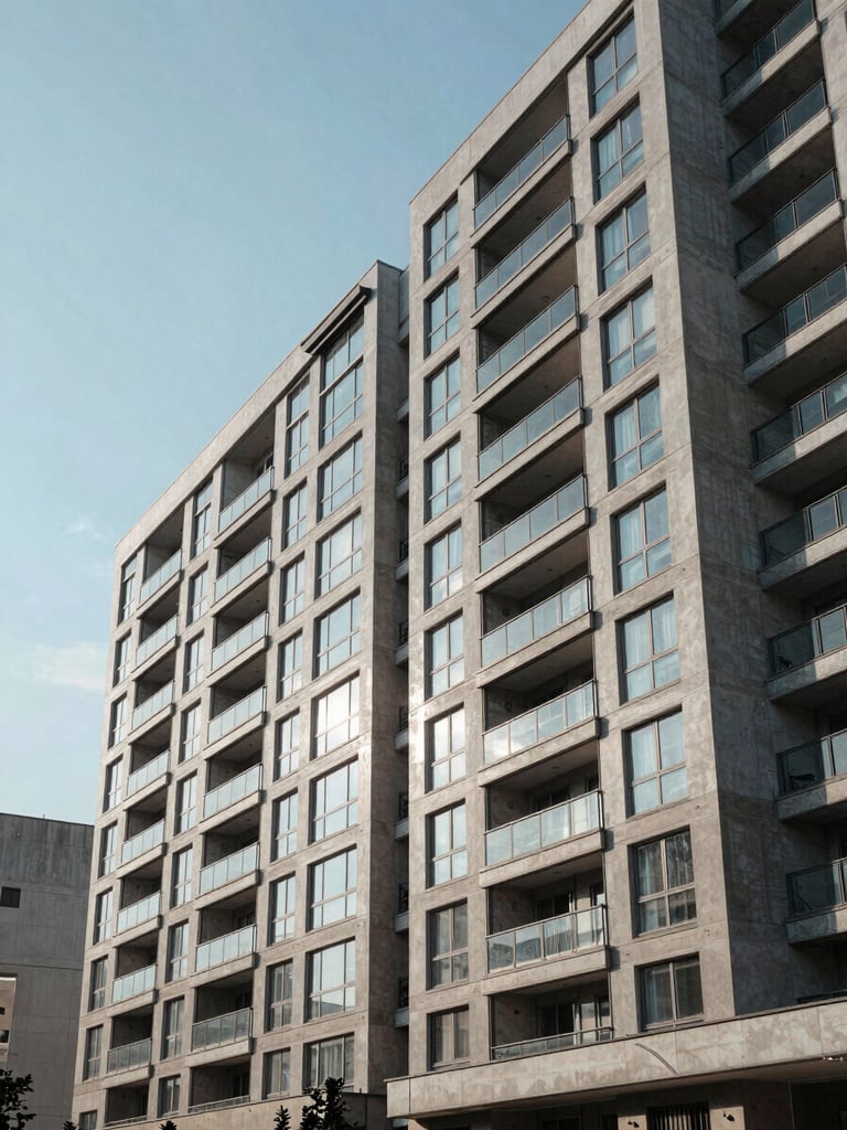 Wide architectural exterior of a mid-rise urban residential building, shot from street level in sharp morning daylight, concrete and glass facade filling the right two-thirds of frame, clean sky on the left, no people, no staging