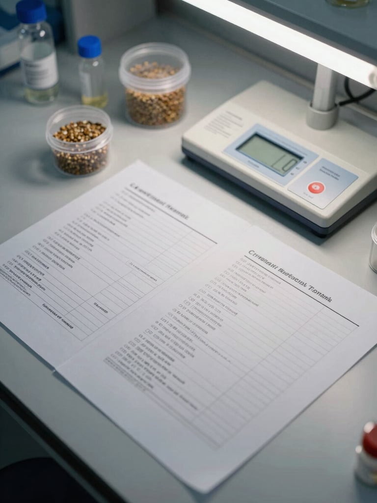 Close overhead view of a lab bench with printed germination data sheets, seed sample vials in clear containers, and a calibrated testing tray under bright shadowless daylight—no people, no styling