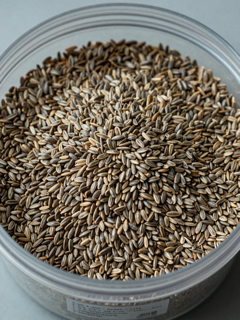 Overhead studio shot of bulk seed stock in a clear sealed container, seeds sharply in focus filling the frame, muted cool daylight from above revealing individual seed texture and lot label visible through the glass, no shadows, documentary precision