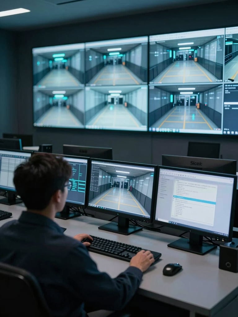 Sleek, cool-toned 24/7 remote security control center with professional monitoring screens displaying PC bang entrance feeds, dark environment with cyan LED glows, realistic security operations.