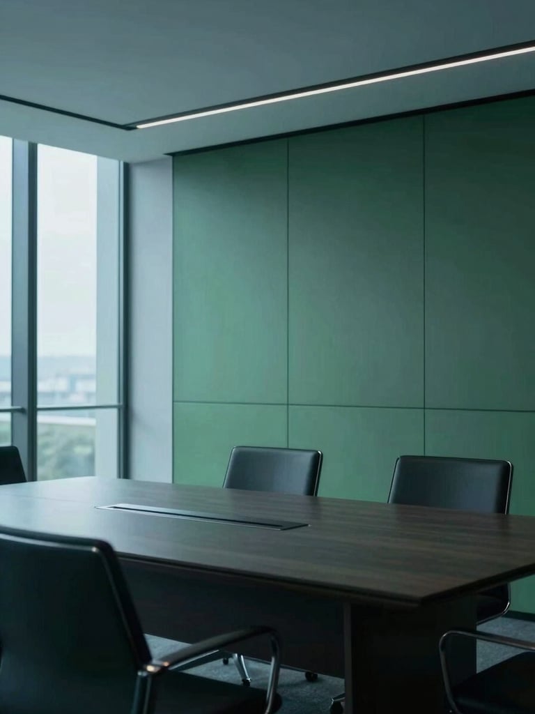Modern corporate boardroom with clean architectural lines, minimalist glass and concrete, soft cool blue and forest green ambient lighting, 35mm