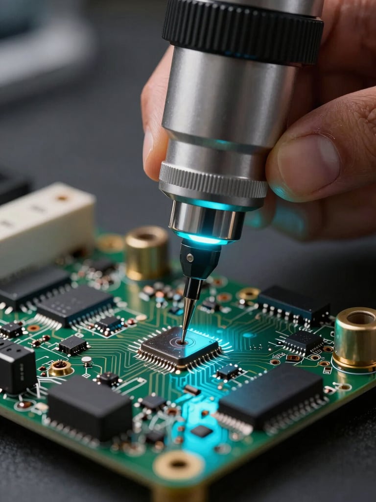 Macro shot of a technician micro-soldering a motherboard under a magnifying lens, electric cyan diagnostic light reflecting on the circuit board.