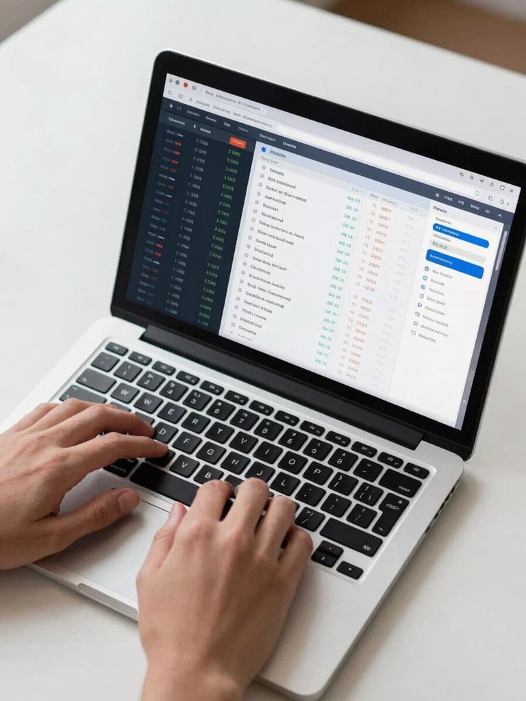 Overhead angle of a laptop screen displaying a financial dashboard with transaction data and a payment processor interface, hands resting on the keyboard, bright overhead daylight, clean modern desk surface visible at edges
