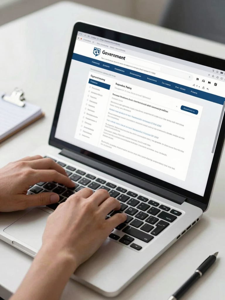 Hands typing on a laptop keyboard showing a government filing portal screen, bright overhead daylight, clean desk surface with a notepad nearby, no faces visible