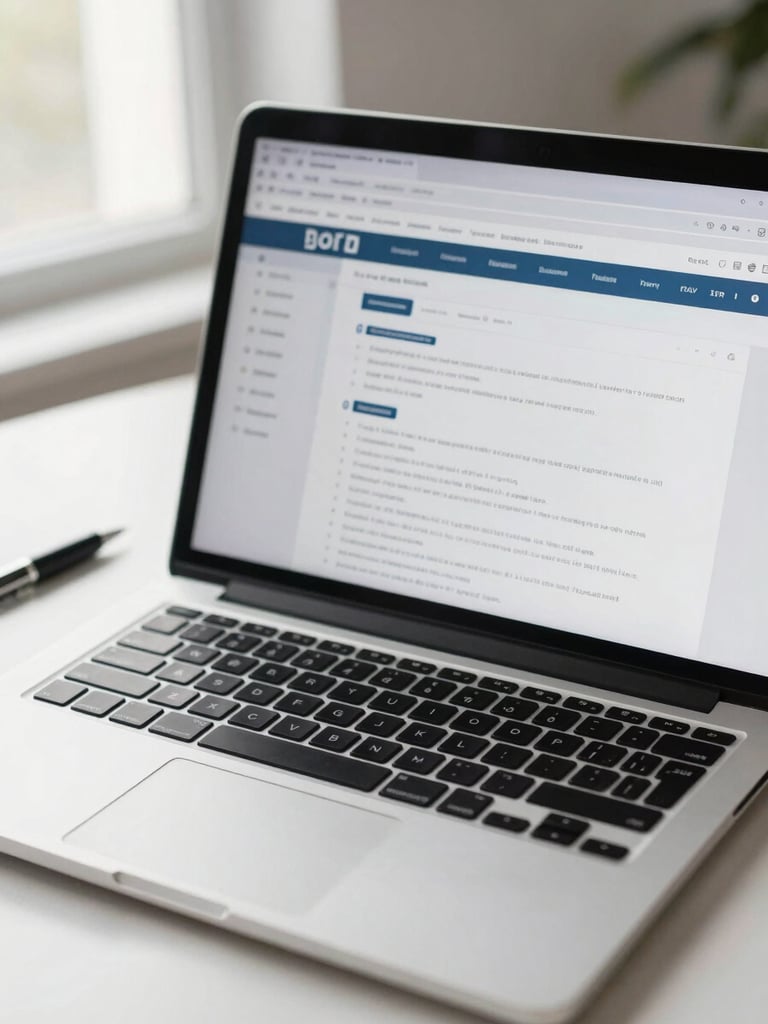 Close-up of a laptop screen showing a business formation dashboard, documents and a pen resting on a clean desk surface, soft natural window light from the left, overhead angle, no people visible