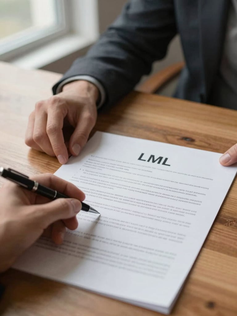 Close-up of hands reviewing a printed LLC operating agreement on a wooden desk, a pen resting beside the document, soft daylight from a window to the left, clean and precise