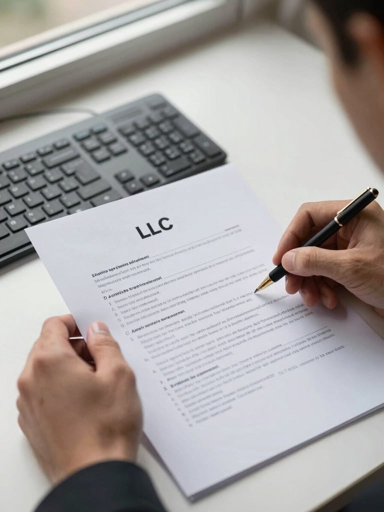 Hands placing a printed LLC operating agreement on a desk beside a keyboard, natural daylight from a nearby window, crisp overhead framing, documents clearly labeled, no faces