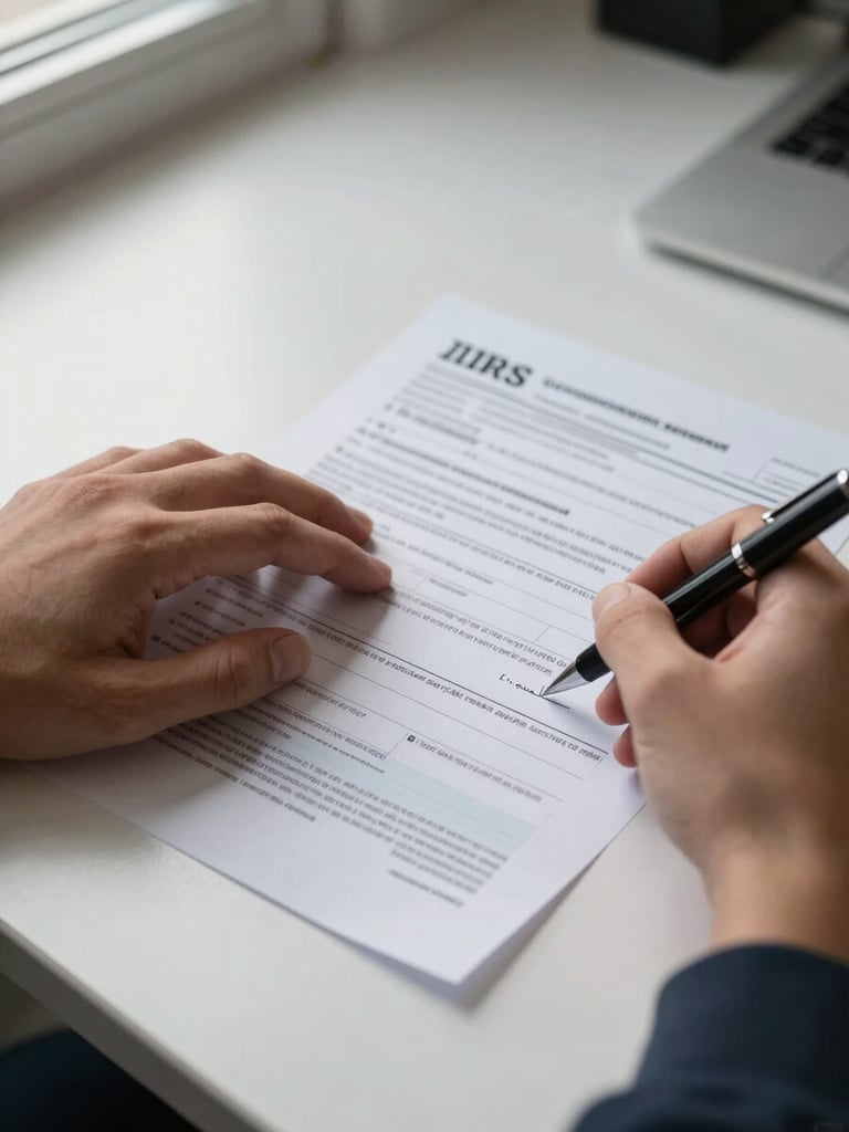 Close-up of hands resting on an IRS form on a clean white desk, pen poised mid-signature, soft natural window light illuminating the document details from the left, shallow depth revealing printed text fields