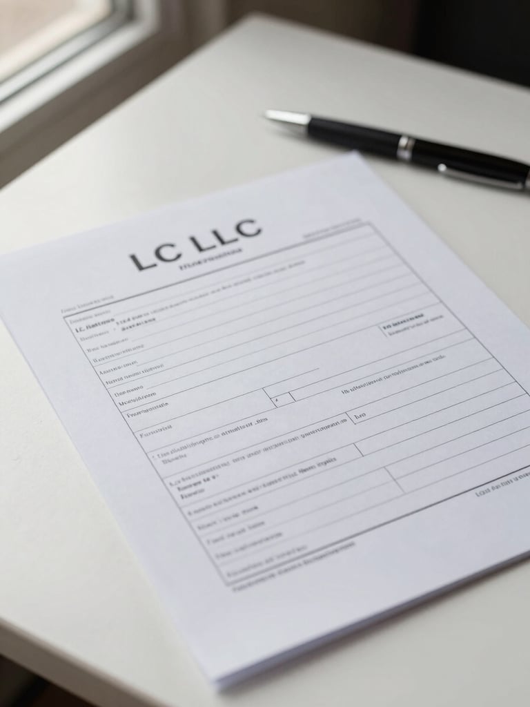 Close-up overhead view of a blank LLC formation intake form on a white desk, a pen resting across the top corner, soft natural window light from the left, crisp document edges visible