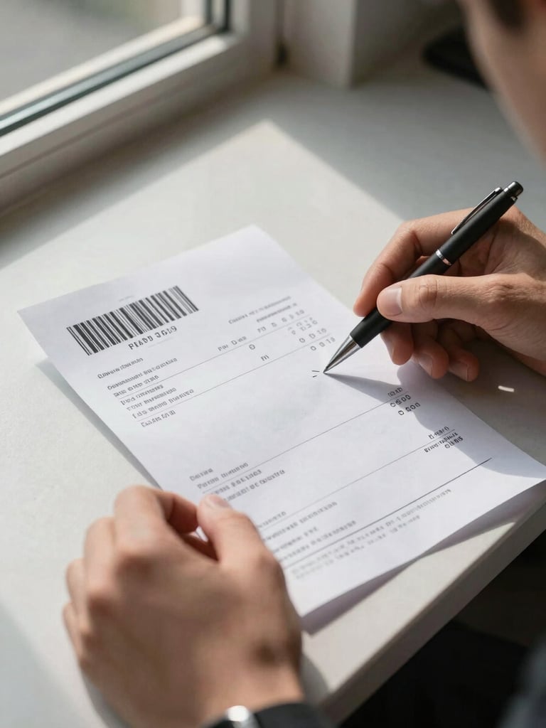 Close-up of hands holding a printed shipping receipt with a barcode and tracking number visible, a pen resting alongside, counter surface below, natural daylight from a side window casting clean shadows on the paper