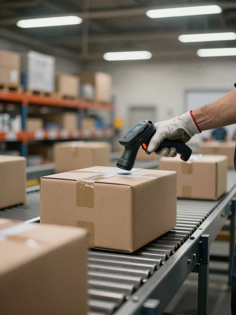 Medium shot from warehouse floor level, packages stacked on a metal sorting conveyor under bright overhead fluorescent light, a worker's gloved hands holding a barcode scanner mid-scan against a brown cardboard box, shipping labels visible in sharp focus, facility shelving blurred in background