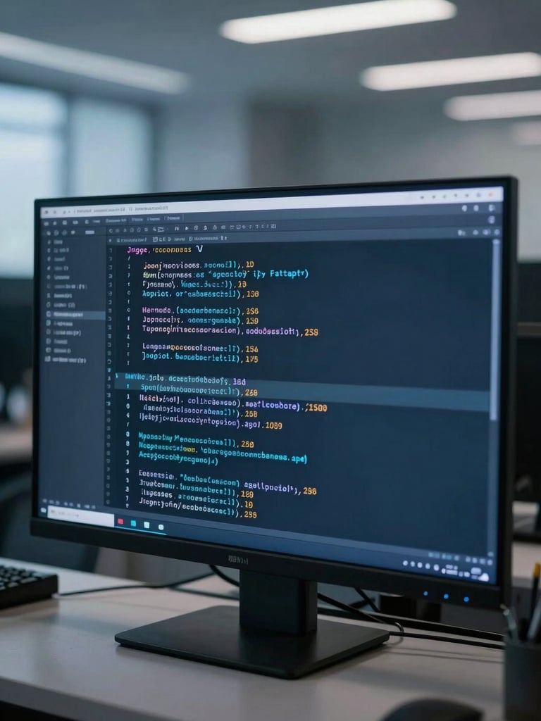 Medium shot of a terminal interface showing an agentic AI workflow with structured JSON outputs, classification labels and confidence scores visible in the log stream, cool blue-toned office lighting, no people, tight crop on the screen