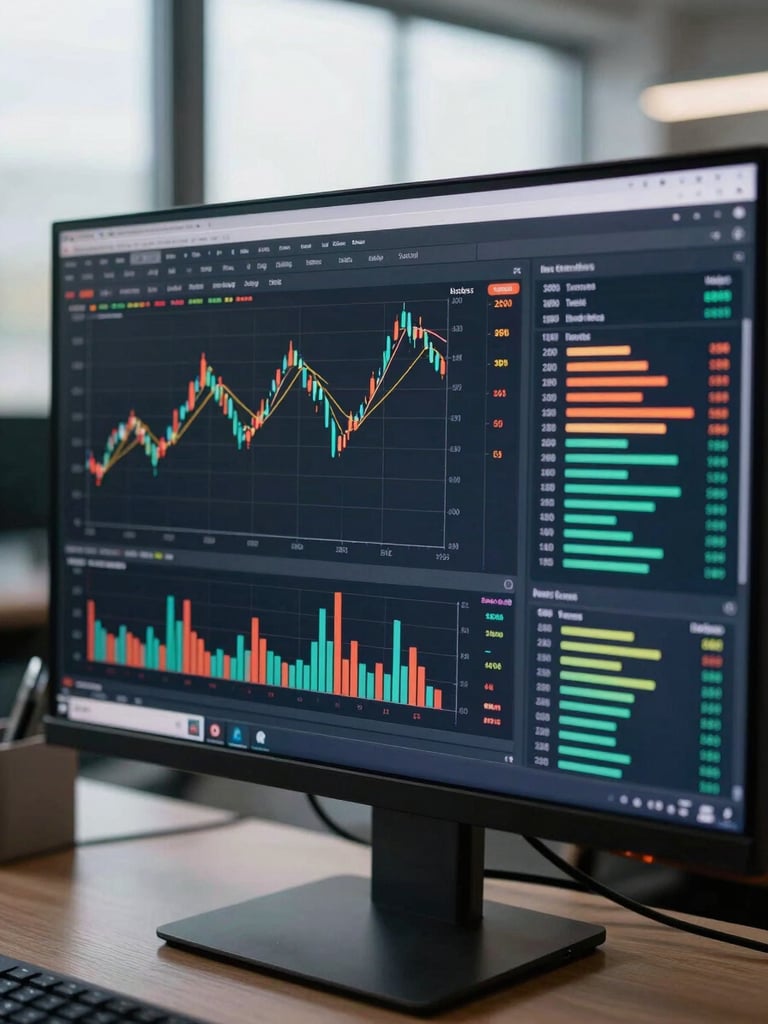 Close-up of a financial analytics dashboard on a wide monitor showing real-time risk model output, probability scores and feature importance bars, even cool office window light, no people visible, shallow depth of field on the screen