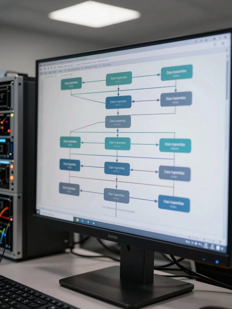 Close-up of multiple data pipeline architecture diagrams spread across two large monitors in a dim engineering workspace, overhead diffused studio lighting, wiring and server rack visible at left edge, focus on the screen content showing workflow nodes and connector lines