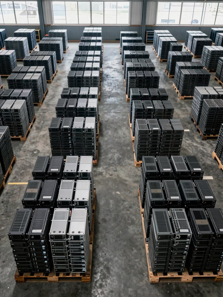 Wide panoramic overhead shot of an industrial warehouse sorting floor, stacks of decommissioned laptops and servers arranged in organised rows on pallets, cool daylight flooding through high windows, concrete floor visible, no people, clinical and ordered — shot from directly above with tight framing on the equipment geometry