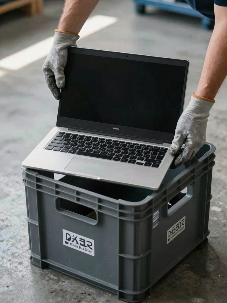 Tight overhead shot of two gloved hands lifting a decommissioned laptop from a labelled collection crate, cool warehouse fluorescent lighting, concrete floor visible below, crisp clinical framing with no background clutter
