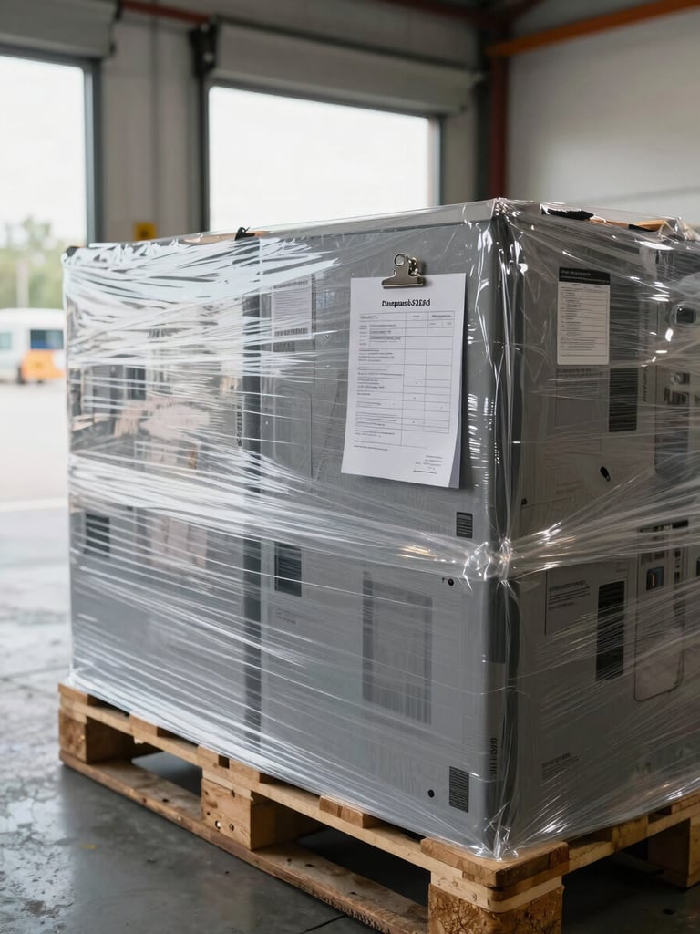 Close-up of palletised IT equipment wrapped in clear stretch film, customs documentation clipped to the pallet face, warehouse loading dock doors open in background with cool natural light flooding in, concrete floor, no people