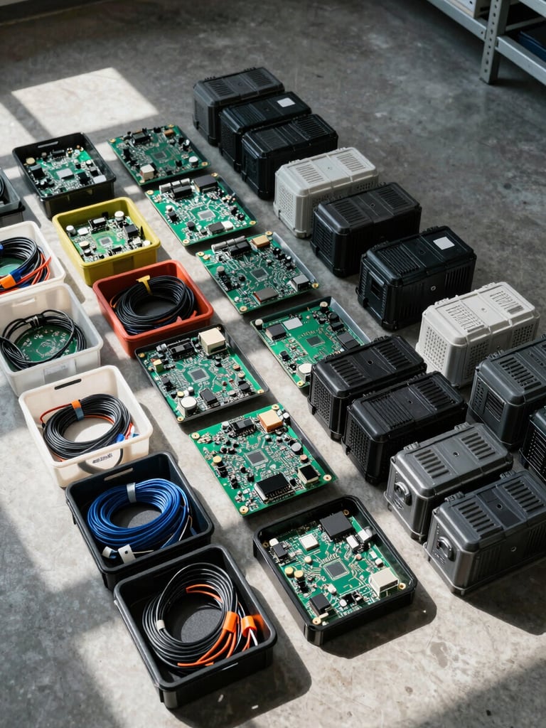 Tight overhead shot of sorted IT components — circuit boards, plastic casings, and cable bundles arranged in labelled bins on a concrete sorting floor, cool daylight from warehouse skylights, sharp industrial shadows, no people