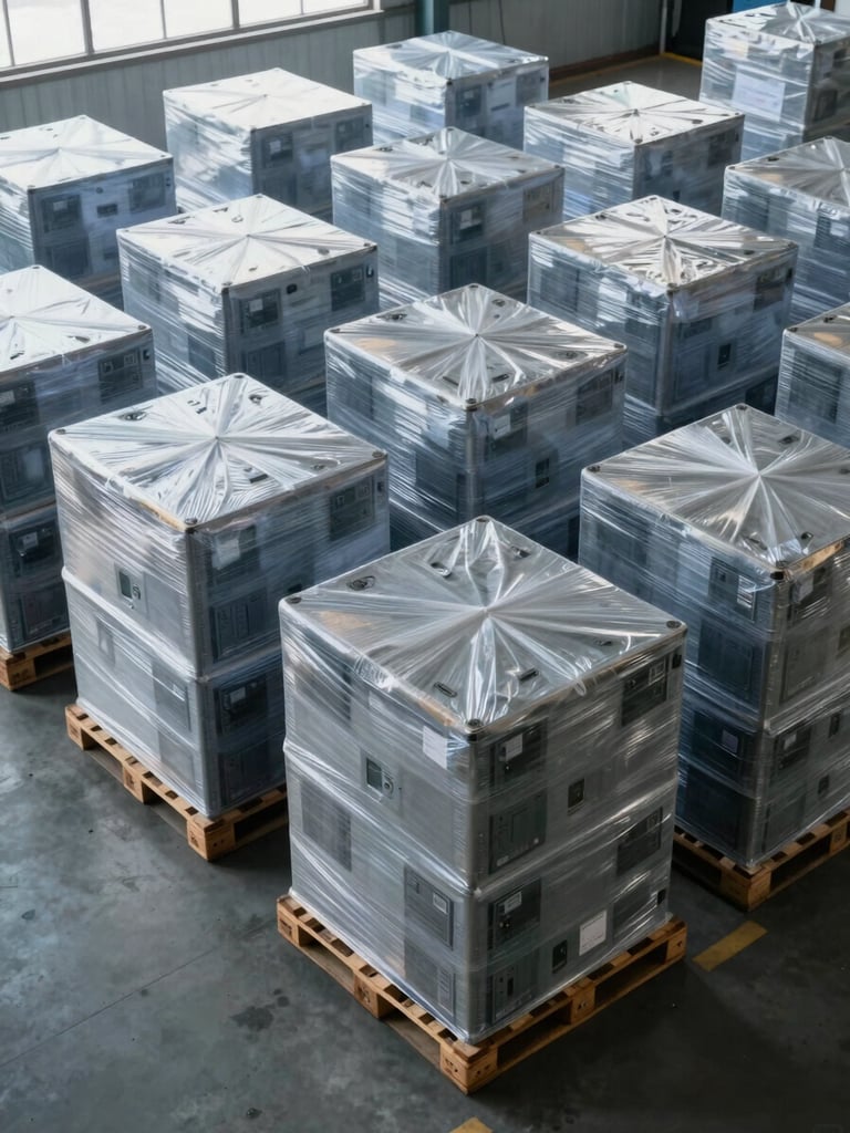 Overhead wide shot of palletised IT equipment wrapped in clear industrial stretch film, units stacked uniformly on timber pallets on a concrete warehouse floor, cool daylight from high warehouse windows, no people, tightly organised rows extending back into the frame