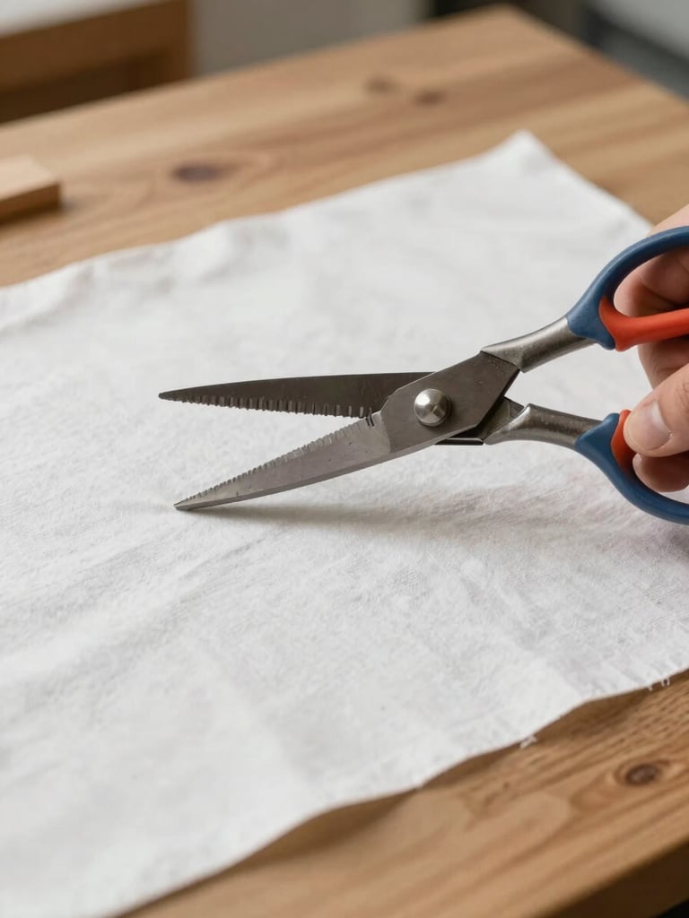 A close-up, high-angle shot of heavy steel shears cutting through crisp white linen on a solid oak pattern-drafting table, soft diffused natural afternoon light casting gentle shadows in a Provo studio.
