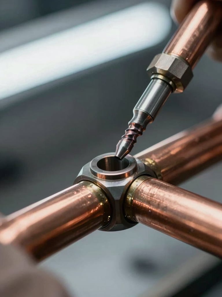 Macro shot of clean, precise copper pipe soldering under bright, cool-toned work lights, showing structural stability and technical mastery.