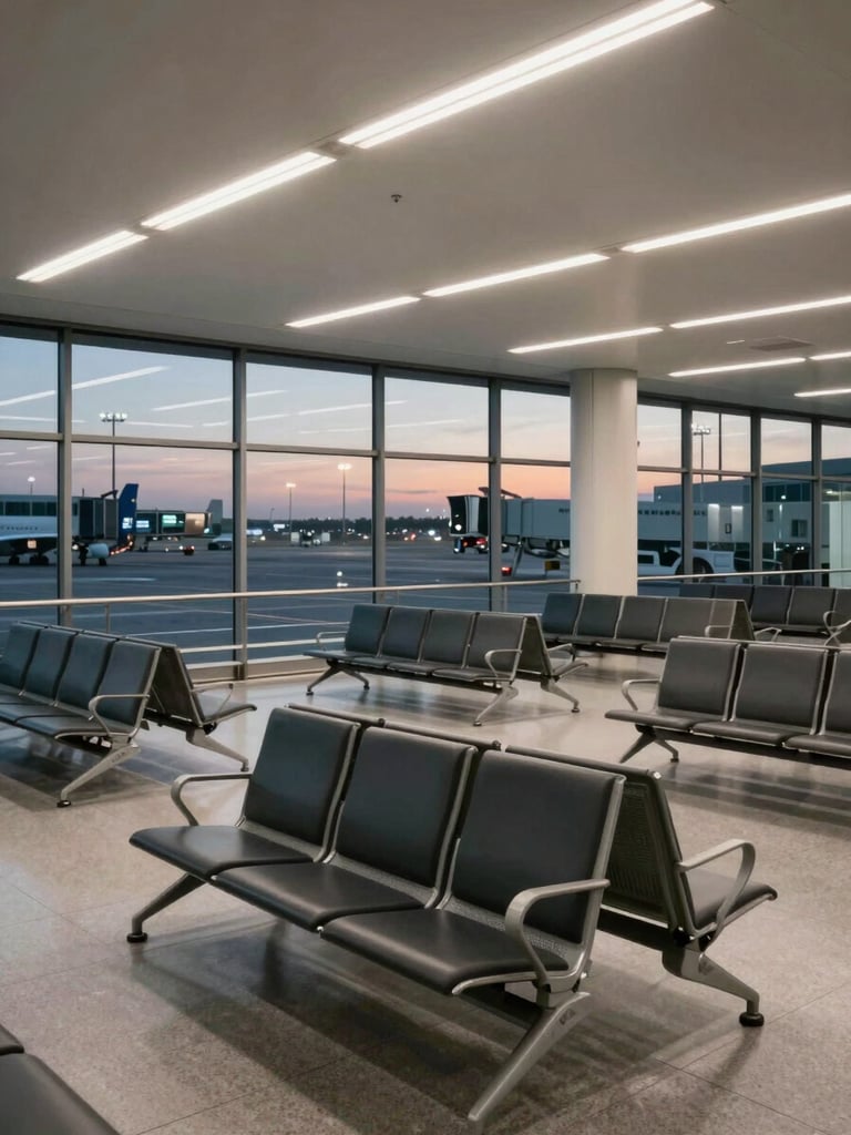 Wide shot of an empty airport departure terminal at dawn, rows of vacant gate seats under harsh fluorescent overhead lighting, large windows revealing a dark tarmac, clinical and still — no passengers, no warmth