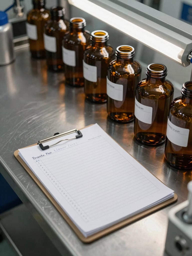 Close overhead view of a chemical batch preparation area — labeled amber glass containers lined up on a stainless steel bench, a clipboard with handwritten run notes, fluorescent facility light, no people in frame