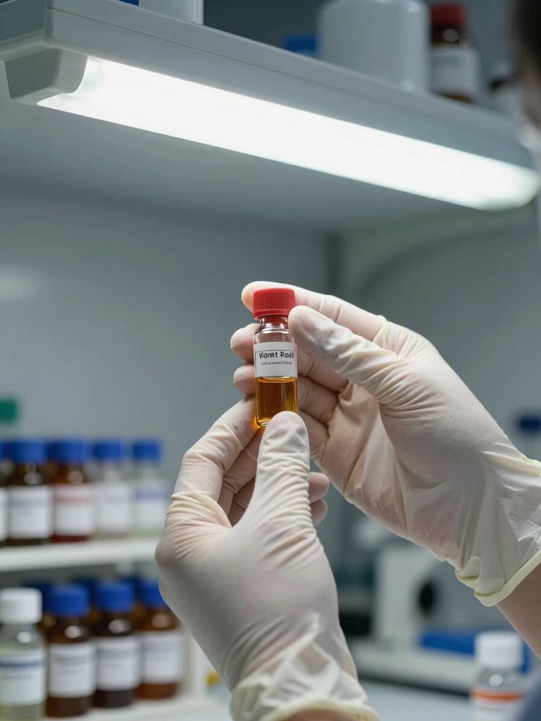 Lab bench close-up showing hands in nitrile gloves holding a small glass vial of amber liquid up to fluorescent overhead light, rows of labeled sample bottles blurred in background, technical working environment