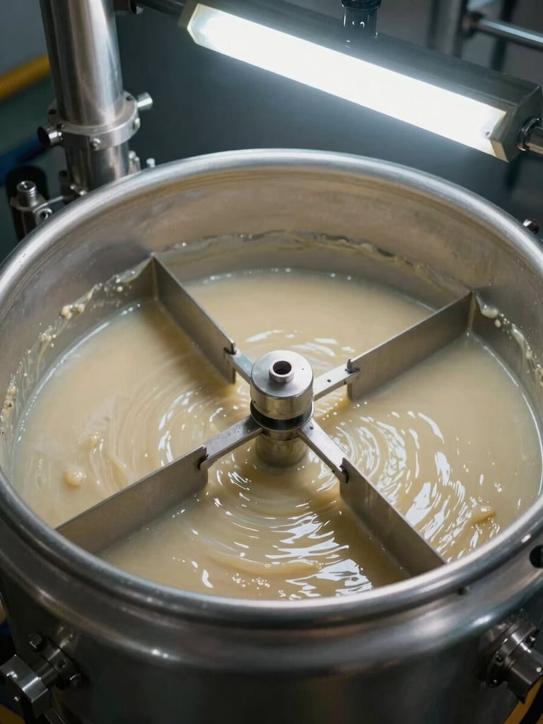 Close-up of industrial chemical mixing equipment, overhead view of an open batch vessel with viscous compound being stirred, metal paddles mid-rotation, fluorescent facility light, no people