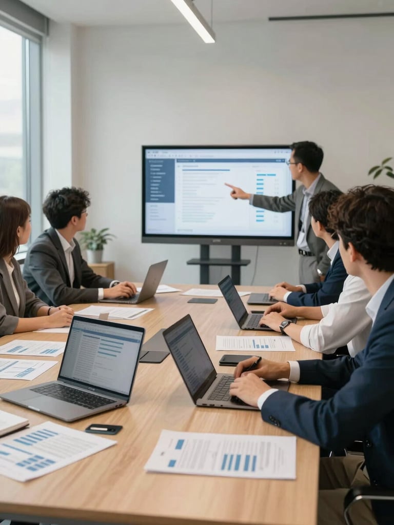 Medium shot of a team around a conference table with open laptops and printed financial reports, office daylight from side windows, one person pointing at a screen showing a dashboard interface, neutral modern office environment