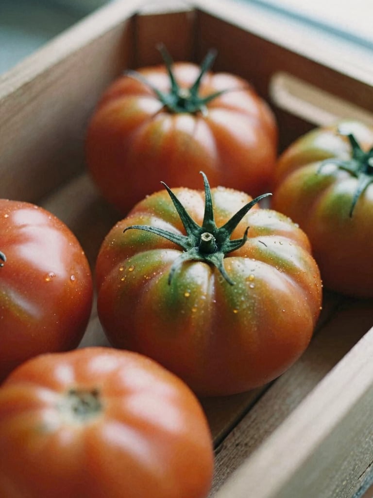 Close-up macro shot of ripe heirloom tomatoes in a wooden crate under soft morning window light, rich red and green tones, shallow depth of field, 35mm film style.