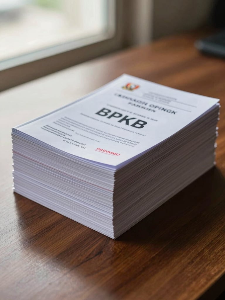 Close-up of a neat stack of official Indonesian vehicle registration books (BPKB) on a polished wooden desk, soft natural light coming from a window, professional atmosphere.