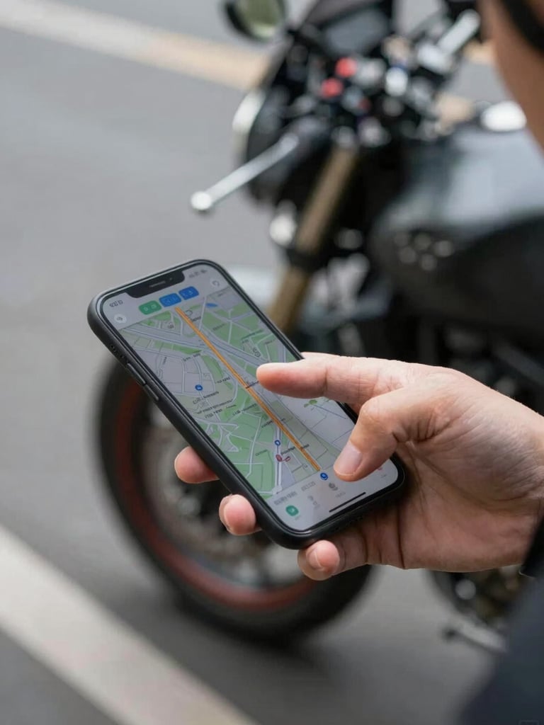Tight crop of a rider's thumb pressing a destination on a smartphone screen, the phone held at street level with a blurred motorcycle and kerb edge visible behind, daylight from the left, real transaction moment — no studio lighting