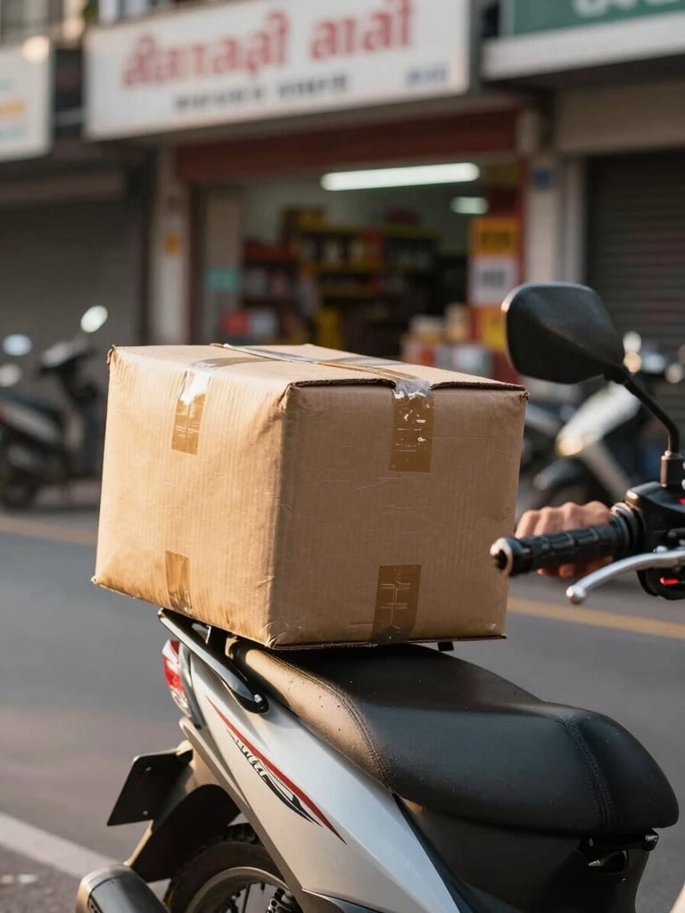 Close-up of a motorcycle driver's hands on handlebars at a city street pickup point, golden-hour daylight streaming in from the left, a package secured to the rear rack in sharp focus, Southeast Asian shopfront visible in the background bokeh