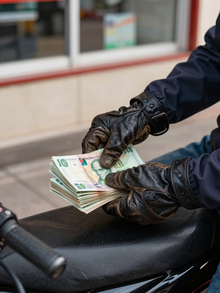 Tight frame on a driver's hands counting cash earnings on a motorcycle seat outside a convenience store, afternoon window light falling across worn leather gloves and folded bills, street pavement visible below