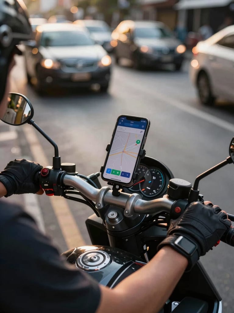 Close-up panoramic view from the left edge: a driver's gloved hands gripping a motorcycle handlebar, phone mounted on the dash showing a destination pin mid-confirmation, shot at golden-hour street level in an urban Southeast Asian lane, warm directional sunlight cutting across the instrument cluster, background traffic softly out of focus